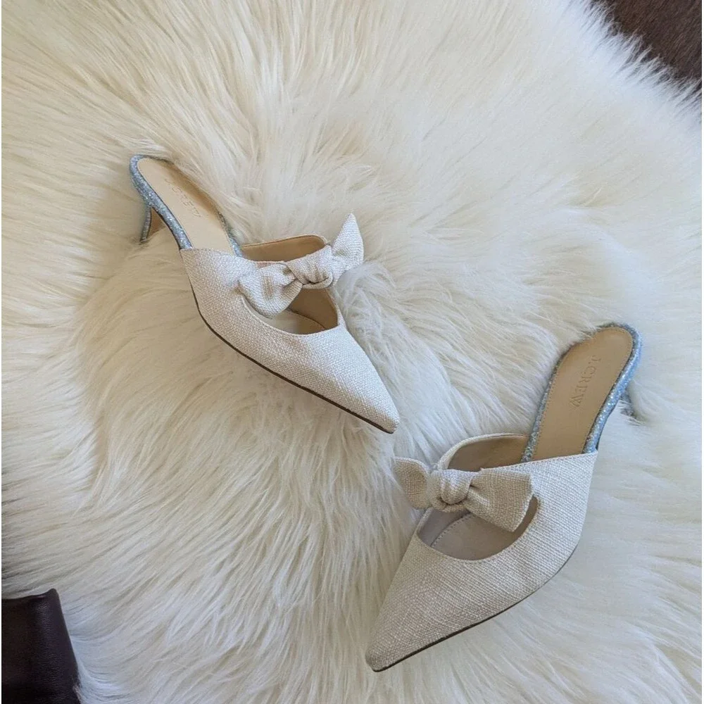 J.Crew Sophia Linen Glitter Pointed Kitten Heel Mules Off White Beige Silver 7.5